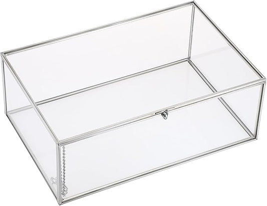 Hipiwe Vintage Glass Box with Lid Clear Jewelry Display Organizer, X-Large | Rectangle Vanity Lidded Boxes Home Decor Accent Silver Decorative Glass Box for Keepsakes Trinket Perfume