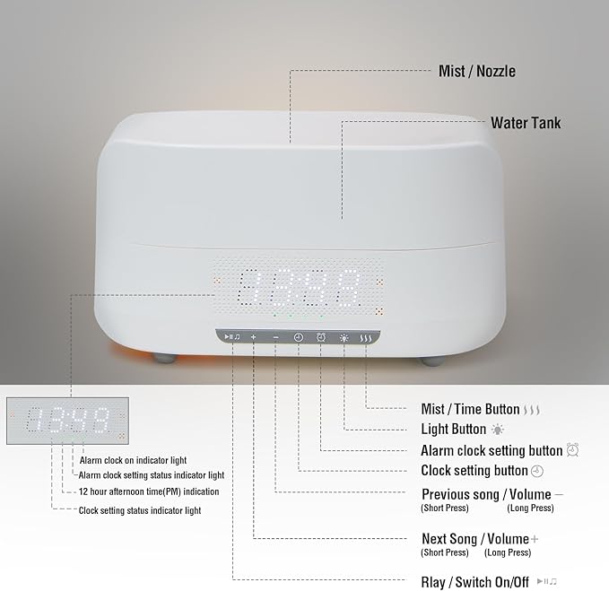 Aroma Essential Oil Diffuser & Humidifier 400mL, 5-in-1 Flame Effect Ultrasonic Diffuser with Bluetooth Speaker, LED Night Light & Clock, Quiet Diffuser for Bedroom Sleep Relaxation (White)