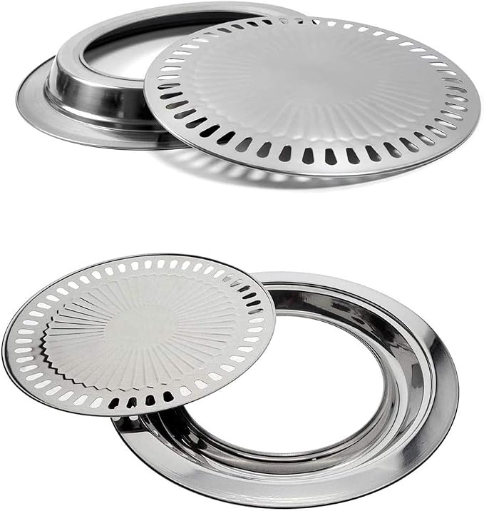Saim Korean BBQ Grill Pan,Stainless Steel Non-Stick Roasting Smokeless Barbecue Grill Pan,Round Korean Style Stovetop for Indoor Outdoor Camping BBQ