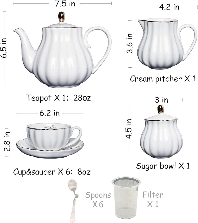 Sweejar Porcelain Tea Sets British Royal Series, 8 OZ Cups& Saucer Service for 6, with Teapot Sugar Bowl Cream Pitcher Teaspoons and Tea Strainer, Suitable for High Tea, Wedding, Party (Jade)