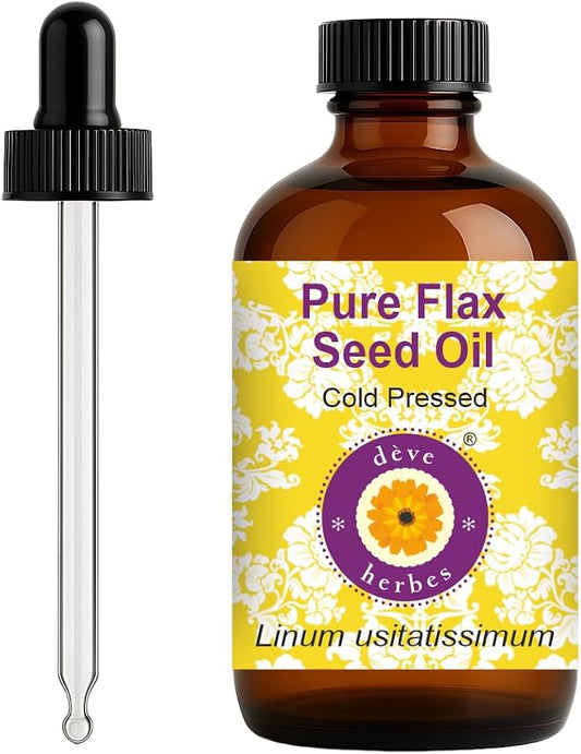 dève herbes Flax Seed Oil (Linum usitatissimum) with Glass Dropper | Cold Pressed | Pure | Natural | For Diluting Essential oils | For Skin & Massage | Non-Sticky | Lightweight | Unisex | 120ml (4 oz)