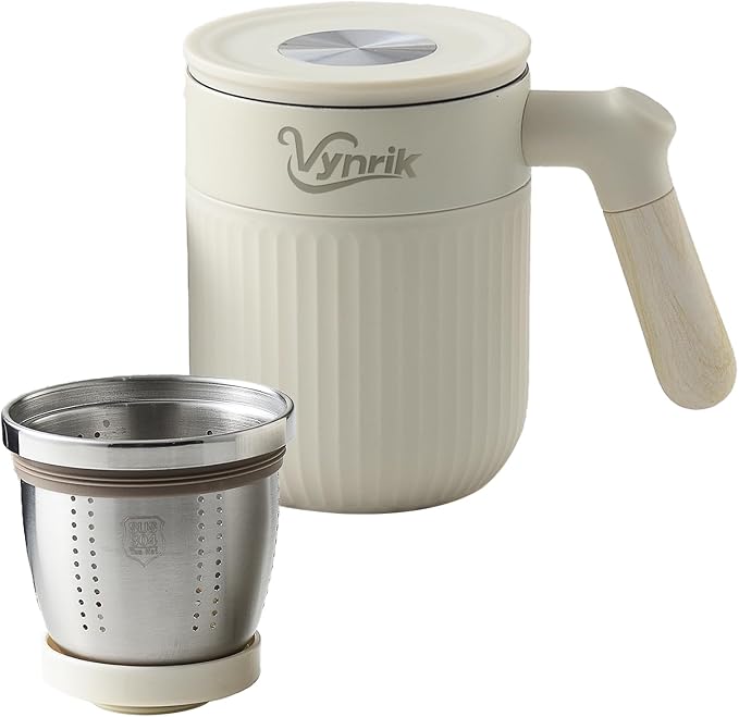 Tea Infuser Cup doubles as Insulated Coffee Mug,Tea Cup with Lid and Handles,Removable Stainless Steel Tea Strainers for Loose Tea (WHITE)