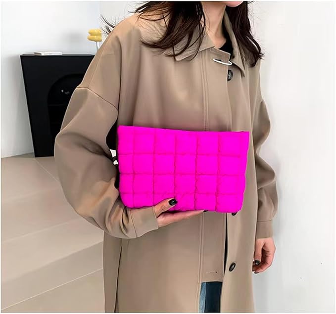 Soft Checkered Quilted Puffy Makeup Bag for Women, Aesthetic Puffer Cosmetic Bag Pouch for Purse (Hot Pink)