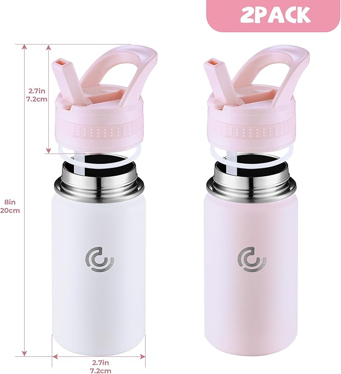 2 Pack Kids Water Bottle,14oz Stainless Steel Insulated Water Tumbler Leak-Proof,School Water Mug,Small and Portable,Suitable for Boys and Girls to Use(Pink + White)