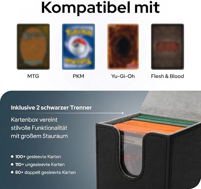 Card Deck Box for MTG Commander – Fits 100+ Single Sleeved Cards, Strong Magnet Deck Case for Magic: The Gathering, Premium PU Leather Storage for TCG CCG (Black)