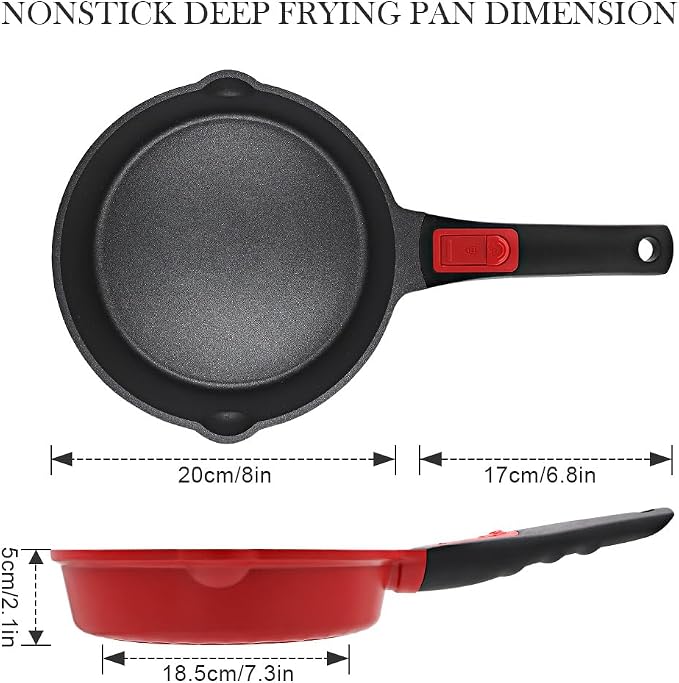 Small 8 Inch Frying Pan Skillet with Lid, Non Stick Saute Pan, Egg Pan Nonstick with Detachable Handle, Induction Compatible, Oven Safe, PFOA PFOS APEO Free, Red