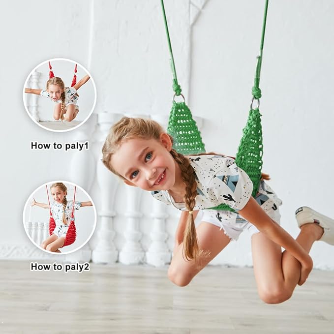 Hand-Knitting Kids Swing, Indoor Outdoor Portable Tree Swing Seat,Adjustable Ropes, with Hanging Strap and Snap Hook for Camping Hiking Backyard Playset and Playroom, Easy Install (Green)