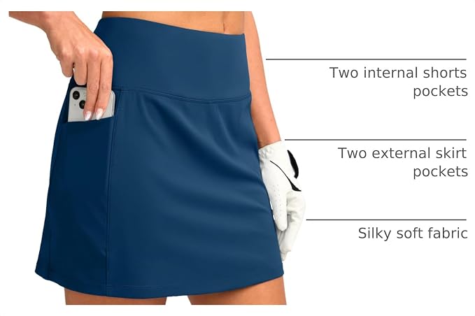 Women's Golf Skirts Skort 4 Side Pockets High Waisted Stretchy Tennis Skirt | Silky Soft, Lightweight, Breathable, Built-in Mesh Shorts, High Waisted, Elastic waistband, Moisture-Wicking, Athletic