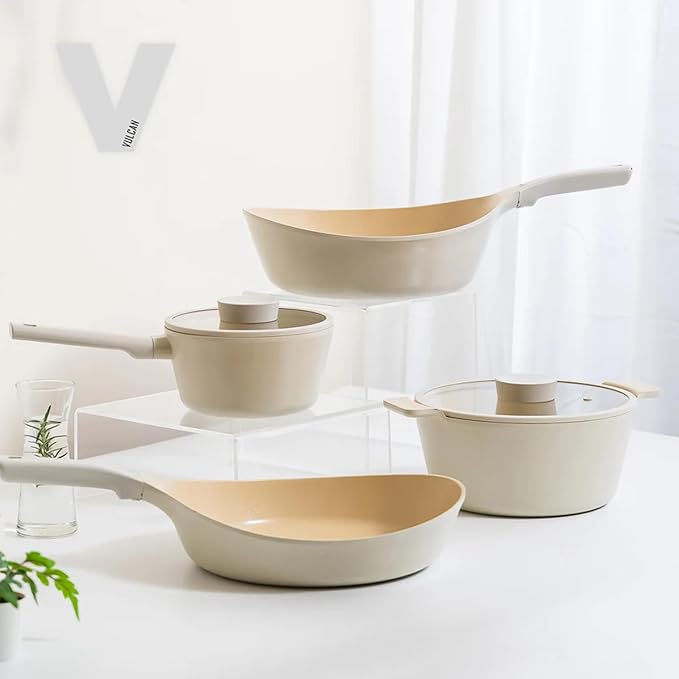 NEOFLAM Vulcan Ivory Double Handle Stockpot with Glass Lid, 4Qt (9.5") Cast Aluminum, Lightweight Ceramic Nonstick Pot, PFAS PFOA Free, Dishwasher Safe, Induction Ready, Made in Korea