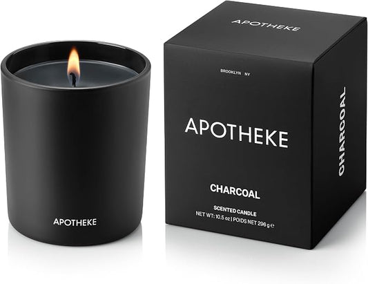 Apotheke Signature Scented Candles for Home, Charcoal - 10.5 oz - Soy Wax, Non Toxic, Large Jar - Luxury Black Candle Gifts for Women & Men - Cedarwood, Sandalwood, Oud, and Amber