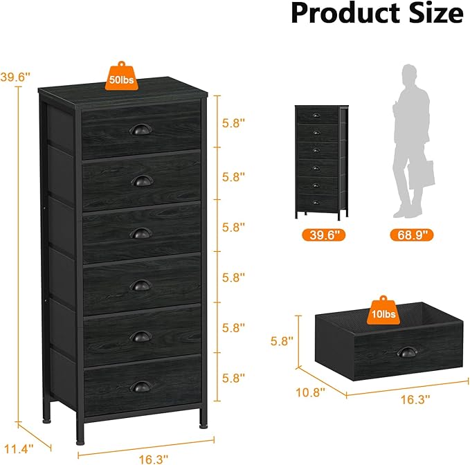 Black Dresser for Bedroom, Tall Fabric Chest of Drawers | Bedroom Dresser with 6 Fabric Bins, Vertical Storage Drawer for Dorm, Organizer in Closet, Living Room, Wood Top, Metal Frame