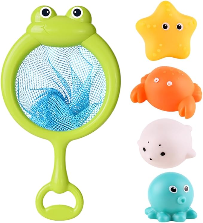 Fishing Bath Toy Set, Glowing Animal Tub Toy No Hole Light Up Bathtub Toy Luminous Ocean Animal Floating Toy Bathroom Fishing Game Bath Toy with 1 Frog Fish Net and 4 Animal (B)
