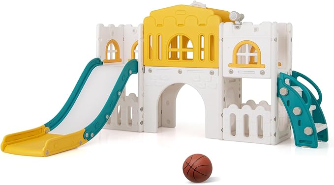 Costzon 8 in 1 Toddle Slide Playset, Freestanding Kids Slide w/Tunnel, Basketball Hoop, Toddler Climber Slide Playset Indoor Playground for Kids 1-3 w/Storage Space, Gifts for Boys Girls (Yellow)