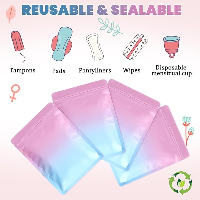Disposable Sanitary Hygiene Disposal Bags for Bag Period Tampon Napkin Trash, 100pcs, Discreet Privacy Cover, Stylish Look, Self-Adhesive Seal,Portable for Purse, Bathroom, School, Travel(Pink-Blue)