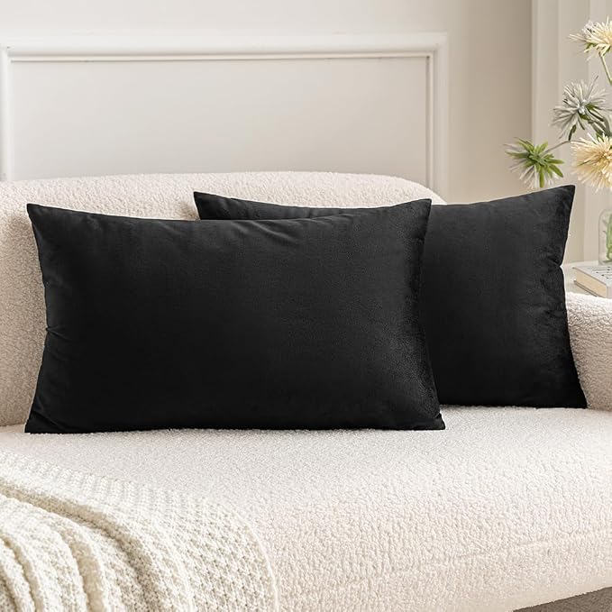 MIULEE 12x20 Inch Lumbar Velvet Throw Pillow Covers Black | Pack of 2 Soft Solid Decorative Pillow Covers, Modern Luxury Home Decor, for Chair Couch Sofa Bedroom Livingroom