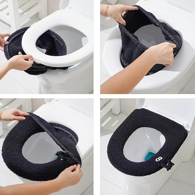 Soft Toilet Seat Washable And Comfortable Plush Toilet Seat Cover Pads, Reusable Thicker Warmer Cover Pads With Handle (Black)