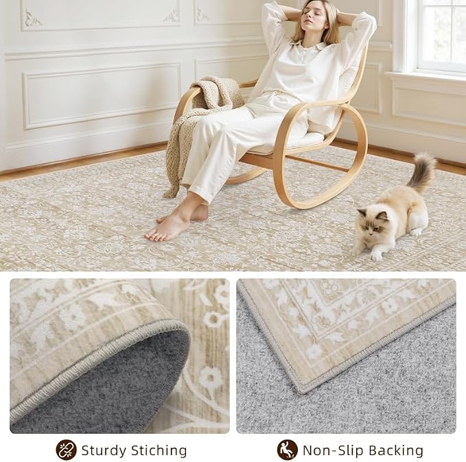 5x7 Area Rugs for Living Room: Vintage Boho Neutral Washable Rug Indoor Soft Large Area Rug Carpet for Bedroom Nursery Farmhouse Dining Room Office Floor Non-Slip Low Pile Under Table Natural Beige