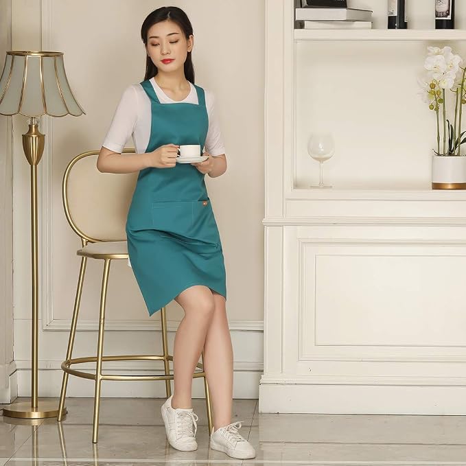 NEWGEM 100% Cotton Cross Back Apron for Women with 2 Pockets - Adjustable Button Straps Pinafore, No Neck Pain Kitchen Chef Apron for Baking, Gardening, Art Teacher (Light Green)