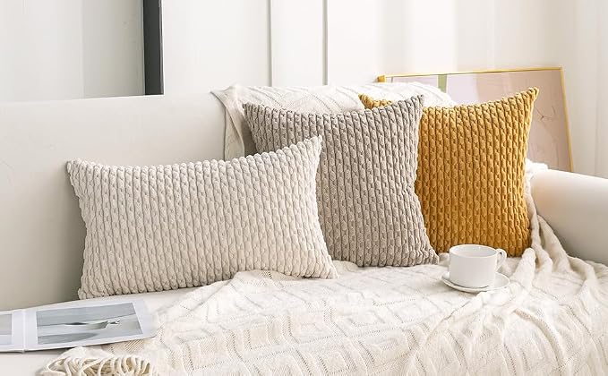 Set of 4 Cream White Decorative Throw Pillow Covers 26x26 Inch Corduroy Pillow Covers for Bed Couch Sofa Living Room Soft Square Cushion Cases