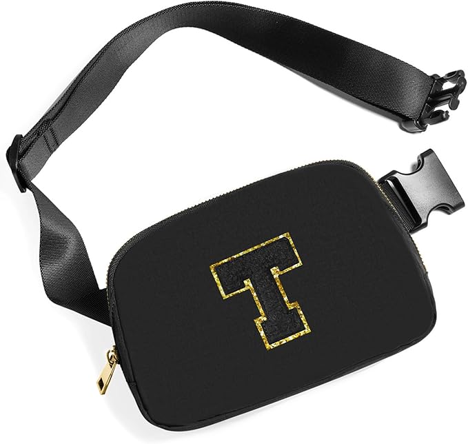 Gitus Belt Bag Fanny Pack Crossbody Bags with Initial Letter Patch Gifts for Wife Older Women Mother Coworker Bridesmaid Anniversary Travel Gifts Beach Gifts (Black-T)