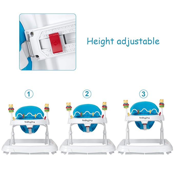 BABY JOY Baby Walker, Foldable Activity Walker with Adjustable Height, Large Tray & Removable Toys, Baby Walker with Wheels for Boys Girls 6-18 Months (Blue)