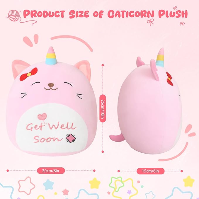 Get Well Soon Caticorn Plush, Cute Pink Caticorn Stuffed Animal, Soft Feel Better Gifts for Kids Women Men