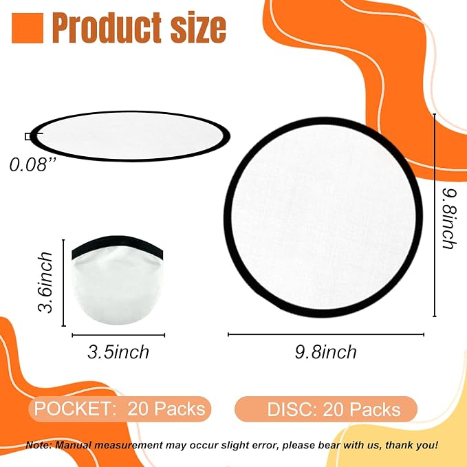 20PCS Foldable Flying Disc Fans with Bags, 9.8'' DIY Handheld Black Egde Fabric Folding Fan for Outdoor Game Activities Birthday Party Favors Gifts, White