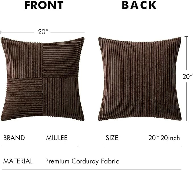 MIULEE Dark Brown Decorative Throw Pillow Covers for Couch 20x20 Inch | 2 Pack, Boho Farmhouse Pillow Covers, Soft Cross Corduroy Patchwork Textured Cushion Cases For Bed Sofa