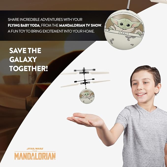 World Tech Toys Star Wars Baby Yoda Flying Toy – Motion Sensing Flying Ball with USB Charging - Star Wars Licensed - Indoor/Outdoor Drone for Kids Ages 6+