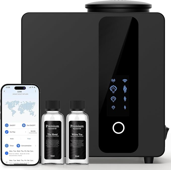 2026 Upgraded HVAC Scent Diffuser Machine Kit, Includes 2 Premium Oils, Wi-Fi Control, Cover 5000 Sq.Ft, Waterless Cold Air Aromatherapy Essential Oil Hotel Fragrance Diffuser for Large Room - Black
