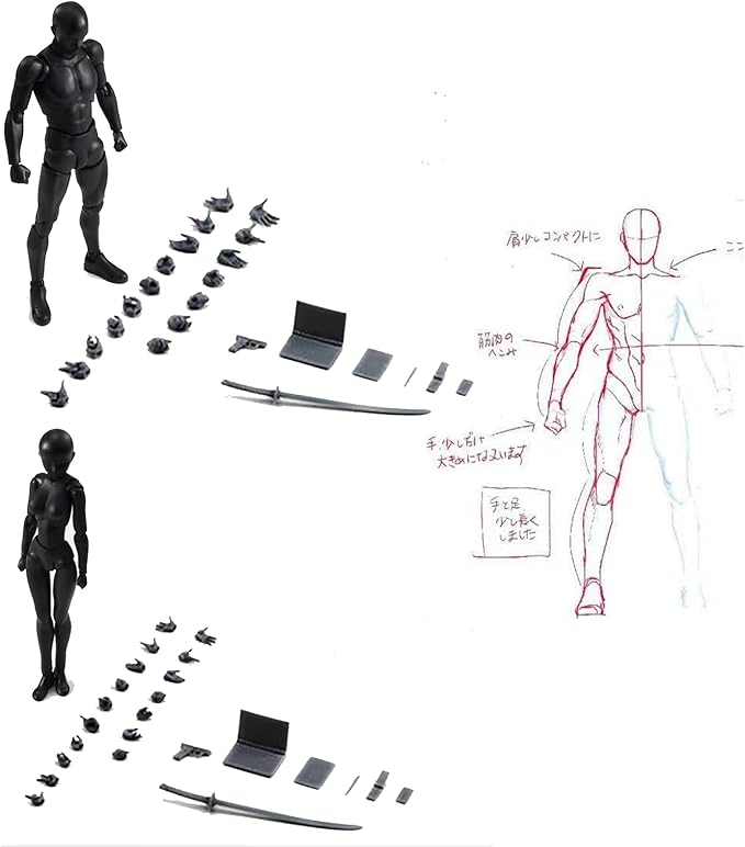 Action Figures PVC Model (Black Color) with Box Drawing Figure Models for Artists(Female+Male)