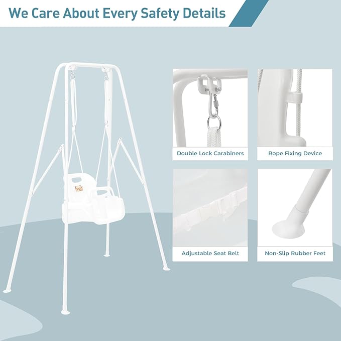 FUNLIO Toddler Swing with Foldable Metal Stand for Toddlers Aged 1~10 Years, 3-in-1 Baby Swing Set with 4 Sandbags for Backyard/Indoor/Outdoor Play, Easy to Assemble & Store, White