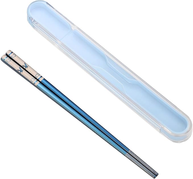 Stainless Steel Chopsticks with Case,Travel Chop Stick,1 Pair,Blue Eagle | Portable,Reusable,Metal,Titanium Plated,Come in a Set,Durable Case,Beginner friendly,for School,Home,Office,Bento Box