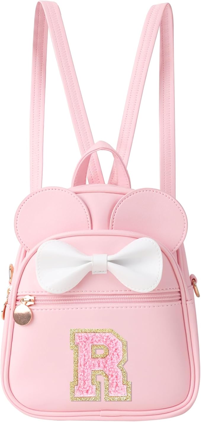 Personalized Toddler Backpack for Girls 3–10, Cute Mini Bowknot Mouse-Ear Toddler Bookbag Crossbody Purse, Small Daypack Wallet Set, Initial Birthday Gift, Trendy Little Kids/Teen Bag(Pink,R)