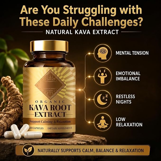 Organic Kava Root Extract - 120 Capsules, Standardized Kava Kava Herbal Supplement to Support Relaxation, Traditional Pacific Plant Powder Blend for Promoting Calming Comfort