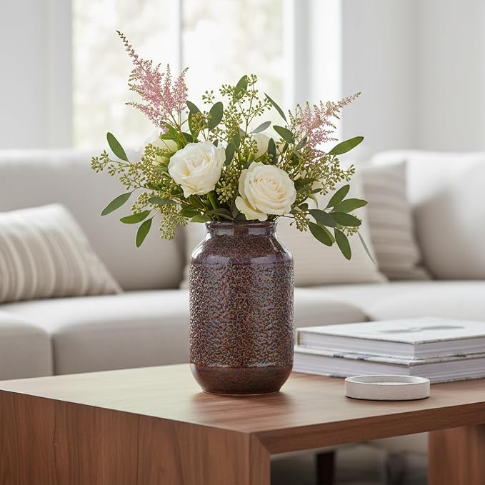 Brown Ceramic Vase for Home Decor - 9 Inch Farmhouse Pottery Vase for Pampas Grass, Decorative Vases for Flowers, Farmhouse Decor, Kitchen, Mantle, Fall Decoration