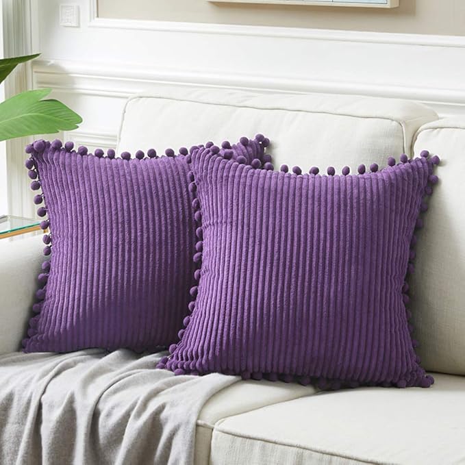 Fancy Homi Pack of 2 Purple Decorative Throw Pillow Covers 16x16 Inch with Pom-poms, Soft Corduroy Solid Square Cushion Cases Set for Living Room Couch Sofa Bedroom Car (16x16 Inch /40x40 cm, Purple)