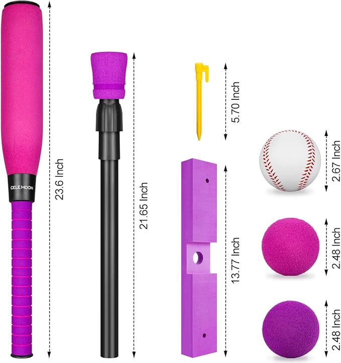 CeleMoon Adjustable TEE Foam T Ball Sets for Kids 3-5 Baseball Softball Bat Set Teeball Batting, 8 Balls Included for Toddlers Boys Girls Gift 3-5 5-8 Years Indoor Outdoor Sport Playing Toys