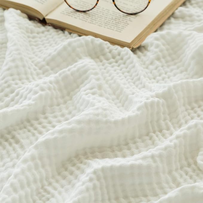 EMME Muslin Blankets for Adults White Small Blanket 40" x 50" | Throw Blanket for Couch Breathable Gauze Soft Lightweight Airy Light