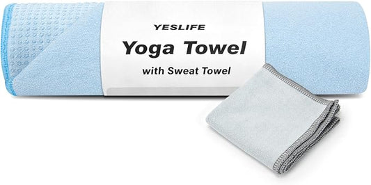YESLIFE Non-Slip Extra Thick Hot Yoga Towel with One Sweat Towel, Microfiber Sweat Absorbent Yoga Mat Towel with Grip Dot, Pilates Mat, 72" x 24", Light Blue