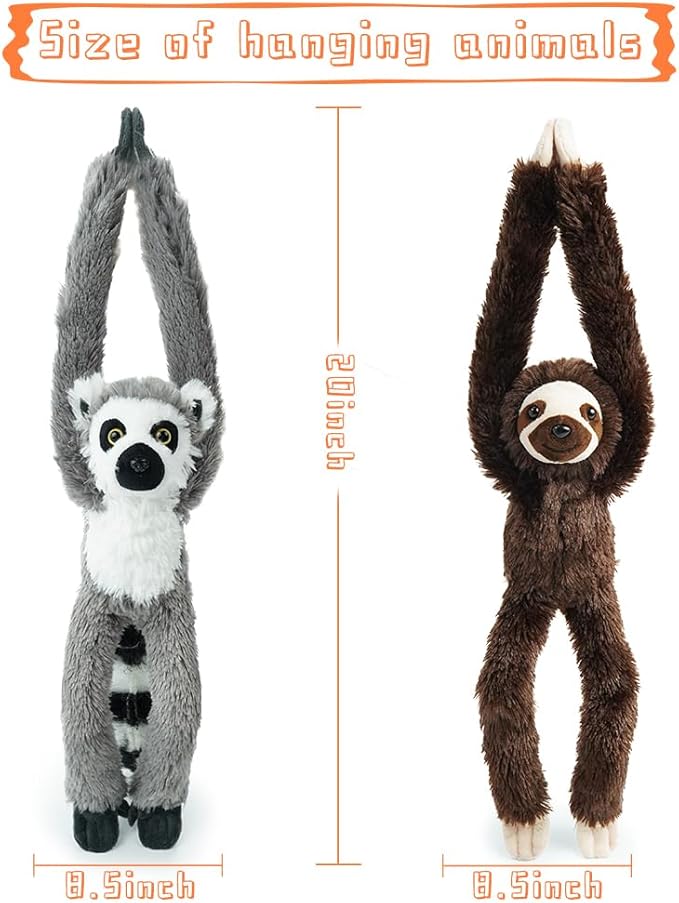 Hanging Sloth Stuffed Animals,2pcs Lemur Sloth Plush Toys Curtain Buckle for Decoration,20 inches Lemur Stuffed Jungle Animals for Kids(Lemur+Sloth)