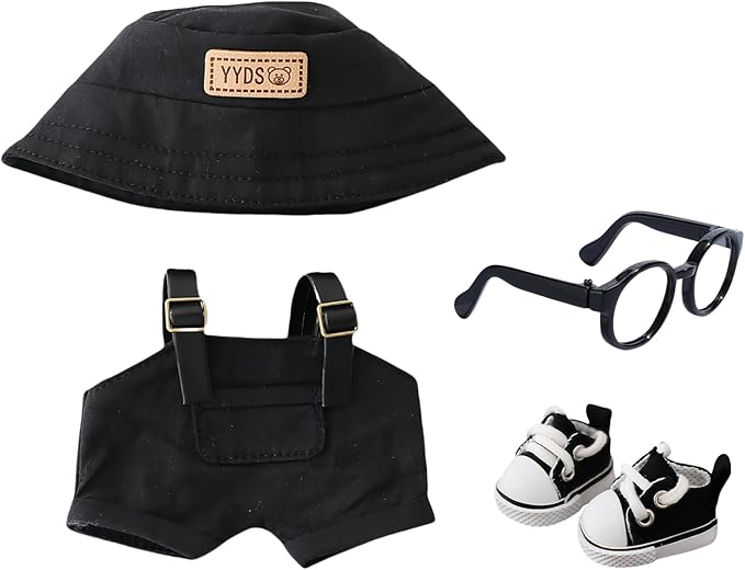 Clothes for Dolls Accessories, Stylish Kawaii Overalls Outfit Set 4 Pieces Bib Pants for 15cm 17cm Dolls, Cute Doll Hat Shoes Clothing Set Replacement Black (No Doll)