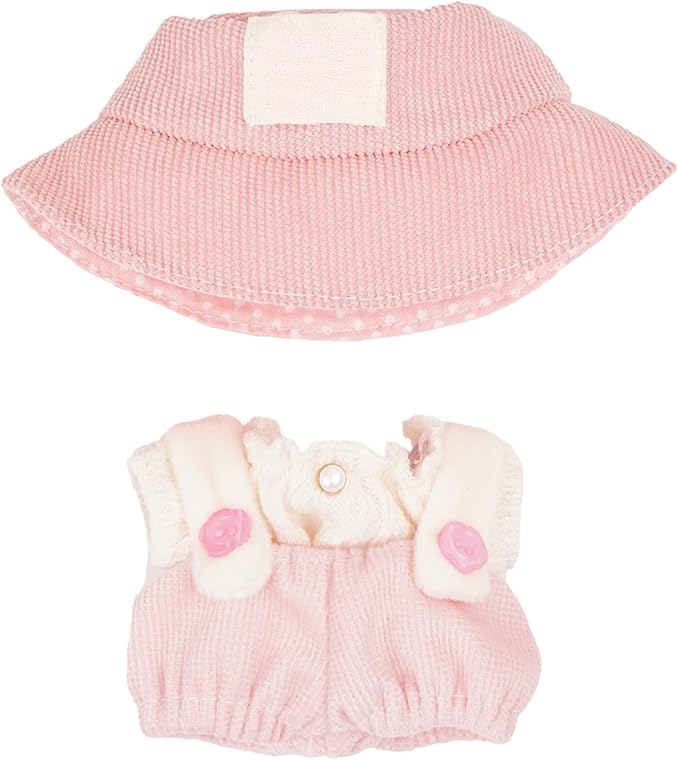 3-Piece Set 17cm Doll Clothes Outfit Set for Kawaii Chic Style Set Miniature Clothing Set with Embroidery Details Outfit Accessories, White T-Shirt + Light Pink Romper + Pink Hat (NO Doll)