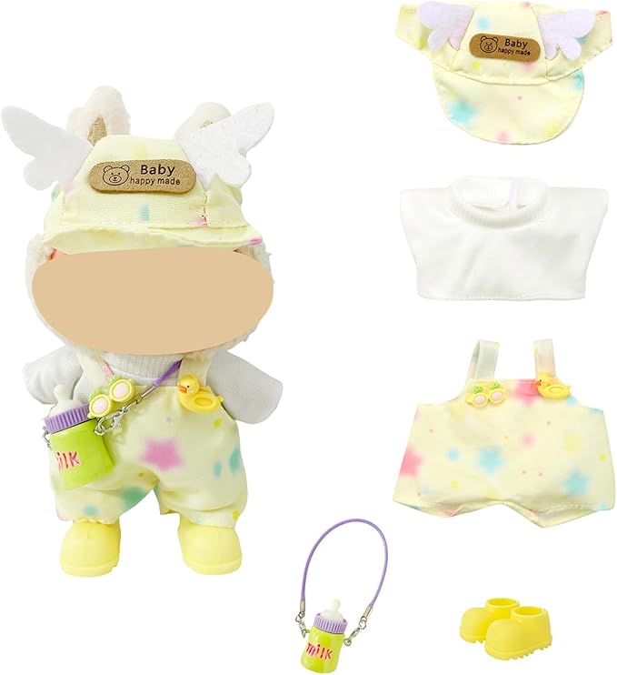 Macaron Style Doll Clothes Set for 17cm Plush Dolls, Include 5 Outfits with Hats, Shoes, Glasses and Mini Bags, Cute Dress Up Accessories for Doll Play and Display (No Dolls) (Macaron Style)