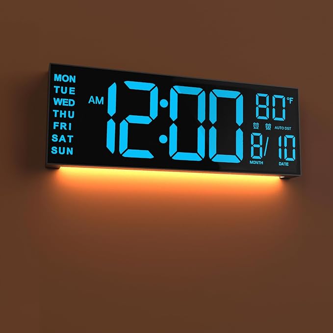 JALL 13" Large Digital Wall Mount Clock, Count Down Timer, Alarm, Big LED, 8 RGB Color, DST, Temperature for Living Room Classroom Desk, Xmas, Birthday Gift for Senior Mom Dad, Blue