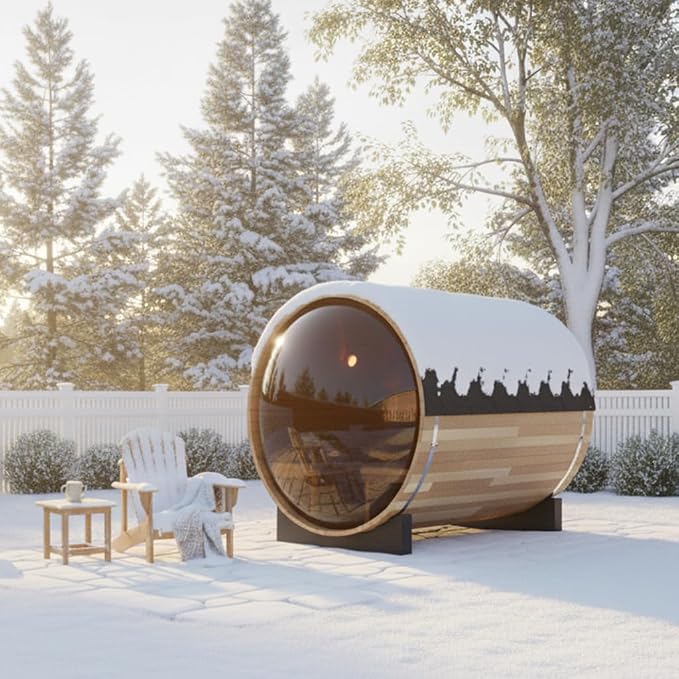 Outdoor Wooden Panoramic Barrel Sauna, 4-6 Person Sauna Room 220V， 6kw Toule Electric Heater， Accessories and Asphalt Shingle Roof, (Helmock, 70.86"x74.86"x74.86")