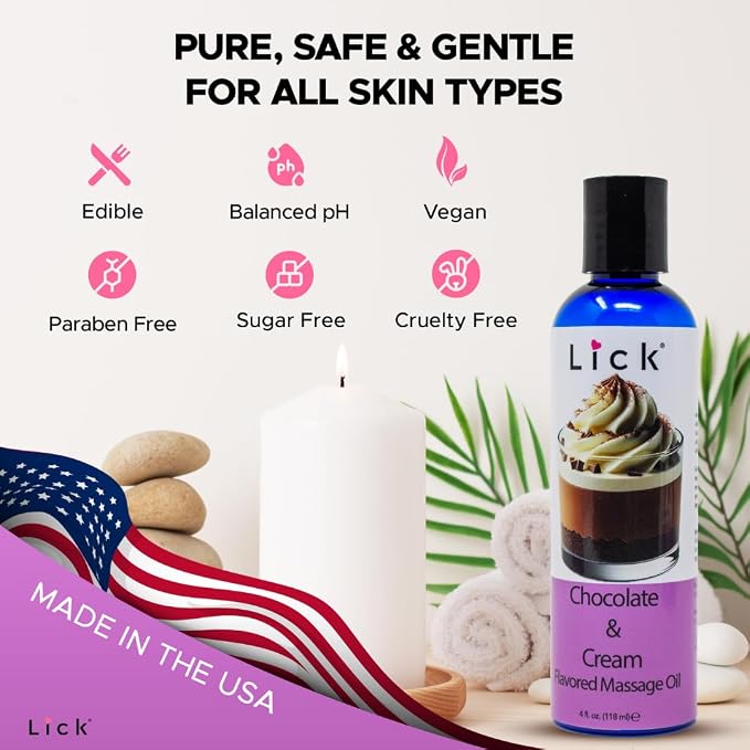 Lick Chocolate and Cream Massage Oil – Smooth Dessert-Inspired Edible Massage Oil with Almond Oil & Vitamin E, Luxurious Glide for Couples Massage, 4 oz
