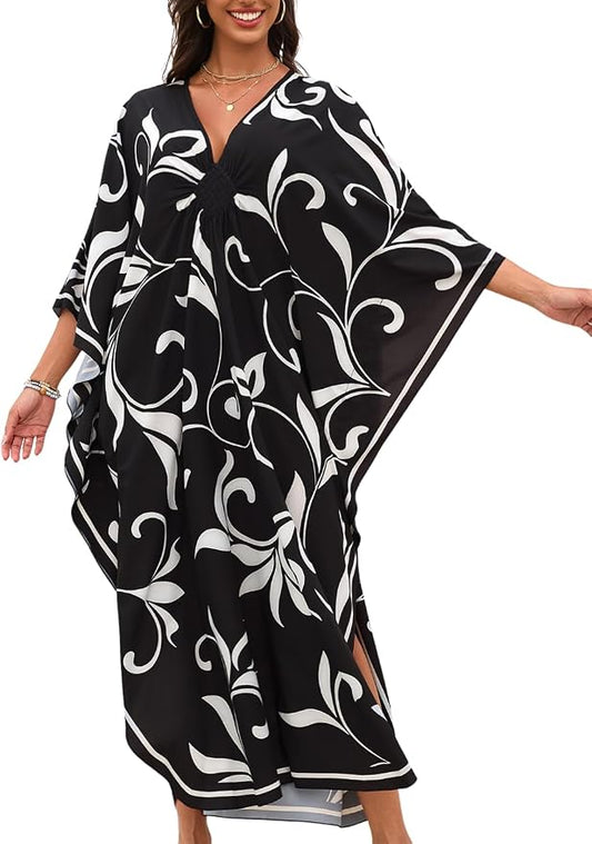 ChiaoLezhee Print Moo-Moos for Women, Kaftan Cover-Up Dresses, Sexy V-Neck High-Slit, Beach Pool-Party Coverups Muumuu Plus