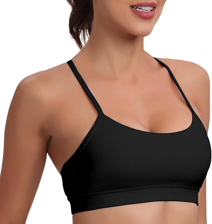 Raxnode Women's 3-Pack Y-Back Sports Bra, Thin Spaghetti Strap Nylon Yoga Bra with Removable Cups, Light Support Bralettes