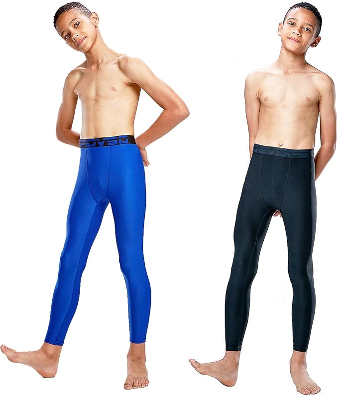 DEVOPS 2 Pack Youth & Boys Thermal Compression Baselayer Sport Tights Fleece Lined Pants & Long Sleeve Top